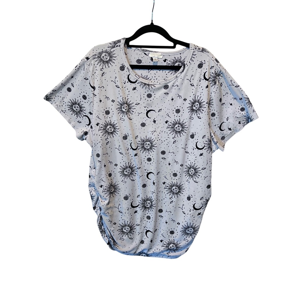 Women Plus Size XXL (READ) Celestial Sun Moon Print Top Ribbed Ruched Sides